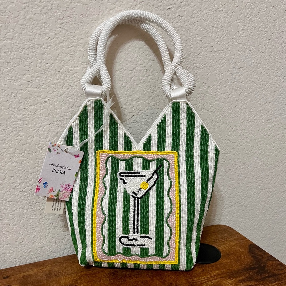 Viral Beaded Green and White Striped Handbag 🍸